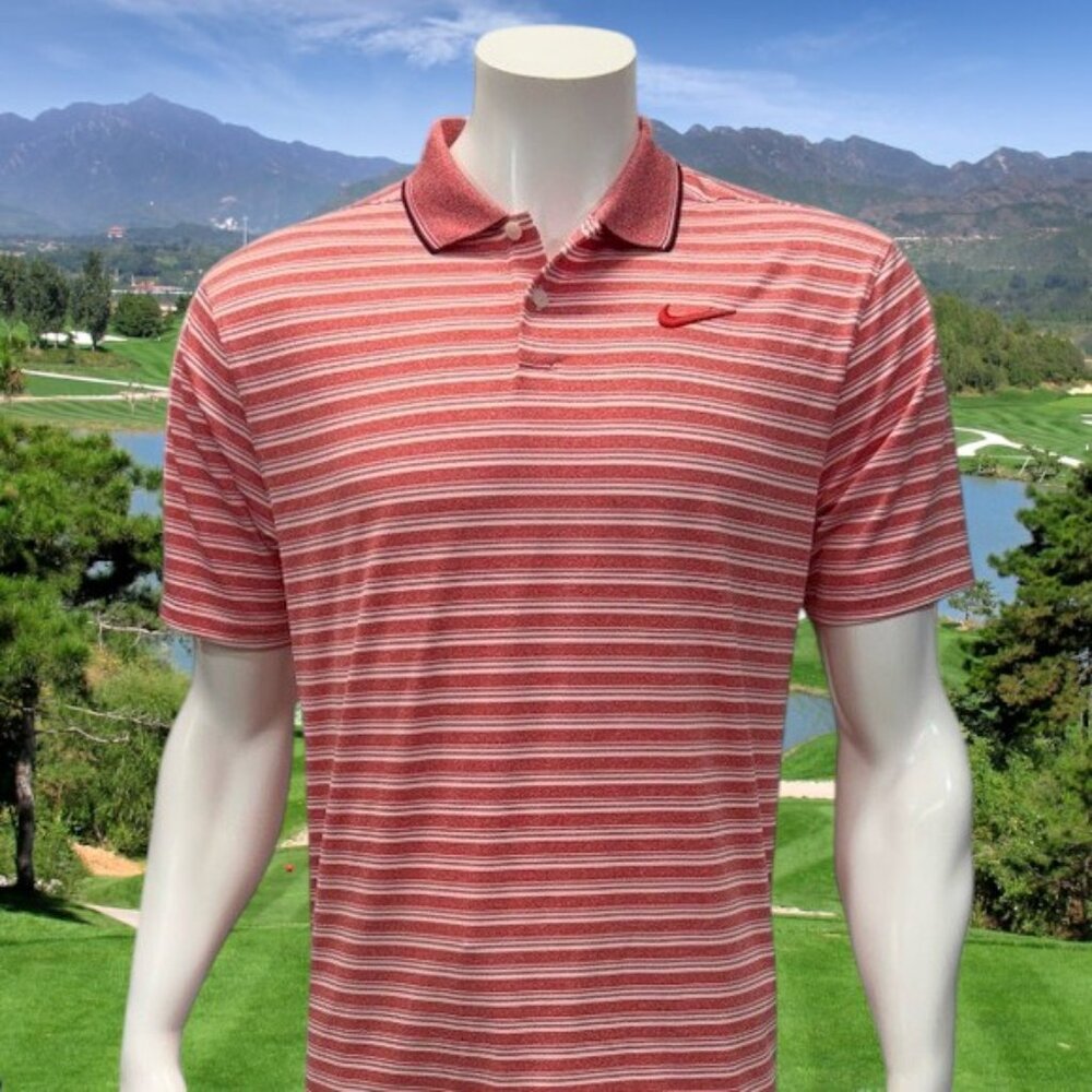 NWOT Nike Dri Fit Golf Red White Stripe Standard Fit Men's Polo Shirt Medium MD